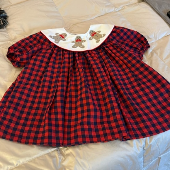 Samara Gingerbread men collar dress 3T navy red check EUC poly rayon blend - Picture 1 of 7